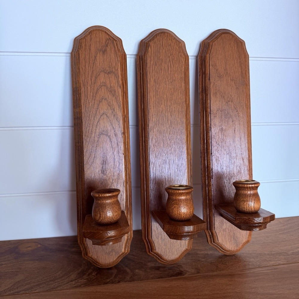 3pc Wall Mounted Wooden Candle Sconces Grandma Cottage Vintage Rustic Prairie